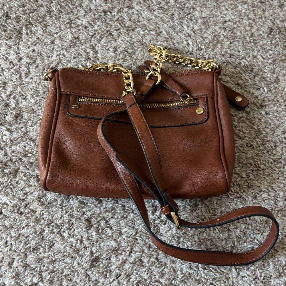 Brown Leather Crossbody Bag with Gold Chain